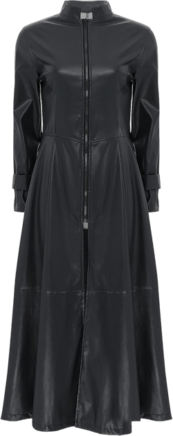 Women's Faux Leather Jacket Trench Coat Fashion Long Sleeves Full Zipper Ankle Length Dress 4X-Large Black