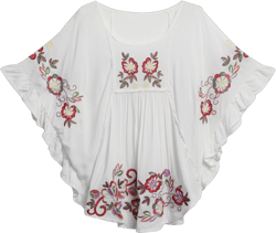 Kafeimali Women's Tops Embroidered Loose Peasant Mexican Blouse Shirt One Size White