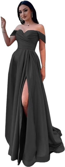 TRHTX Elegant Off Shoulder Satin Prom Dresses with Slit Ruched Formal Dresses for Women A-line Party Gowns with Train Black 26 Plus