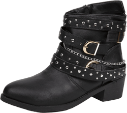 DirraBra Women's Goth Leather Block Heel Ankle Boots Fashion Studded Ankle Strap Trim Punk Boots Winter Side Zipper Motorcycle Short Booties 9 Black
