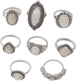 Jumwrit Vintage Knuckle Rings Set Boho Opal Rings Silver Square Teardrop Oval Rings Set Stackable Finger Rings Midi Rings for Women (8PCS)