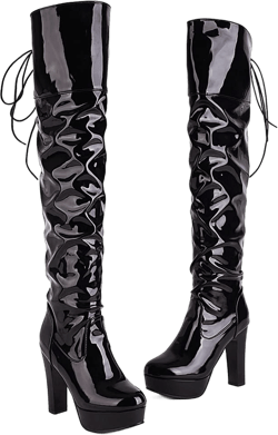 HINDOLA Women Over The Knee Thigh High Boots Lace up Patent Leather Chunky Heel Platform Boots Fashion Long Combat Boots 9 Black