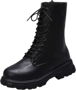 Gomelly Women Comfort Combat Boot Non-Slip Chunky Heel High Top Shoes Military Walking Fashion Lace Up Work Boots Black 4.5
