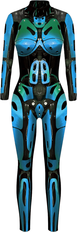 FEOYA Skeleton Jumpsuit for Women Halloween Costume Long Sleeve Skinny Catsuit 3D Print Skull Bodysuit Bone Cosplay Outfit Blue Robot X-Large