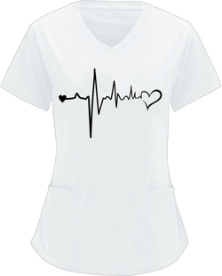 Valentines Print Scrub Tops for Women Short Sleeved V Neck ECG Printed Funny Workwear Breathable Medical Scrub Shirts Pockets,White Scrub Tops for Women,Cotton Scrubs for Women