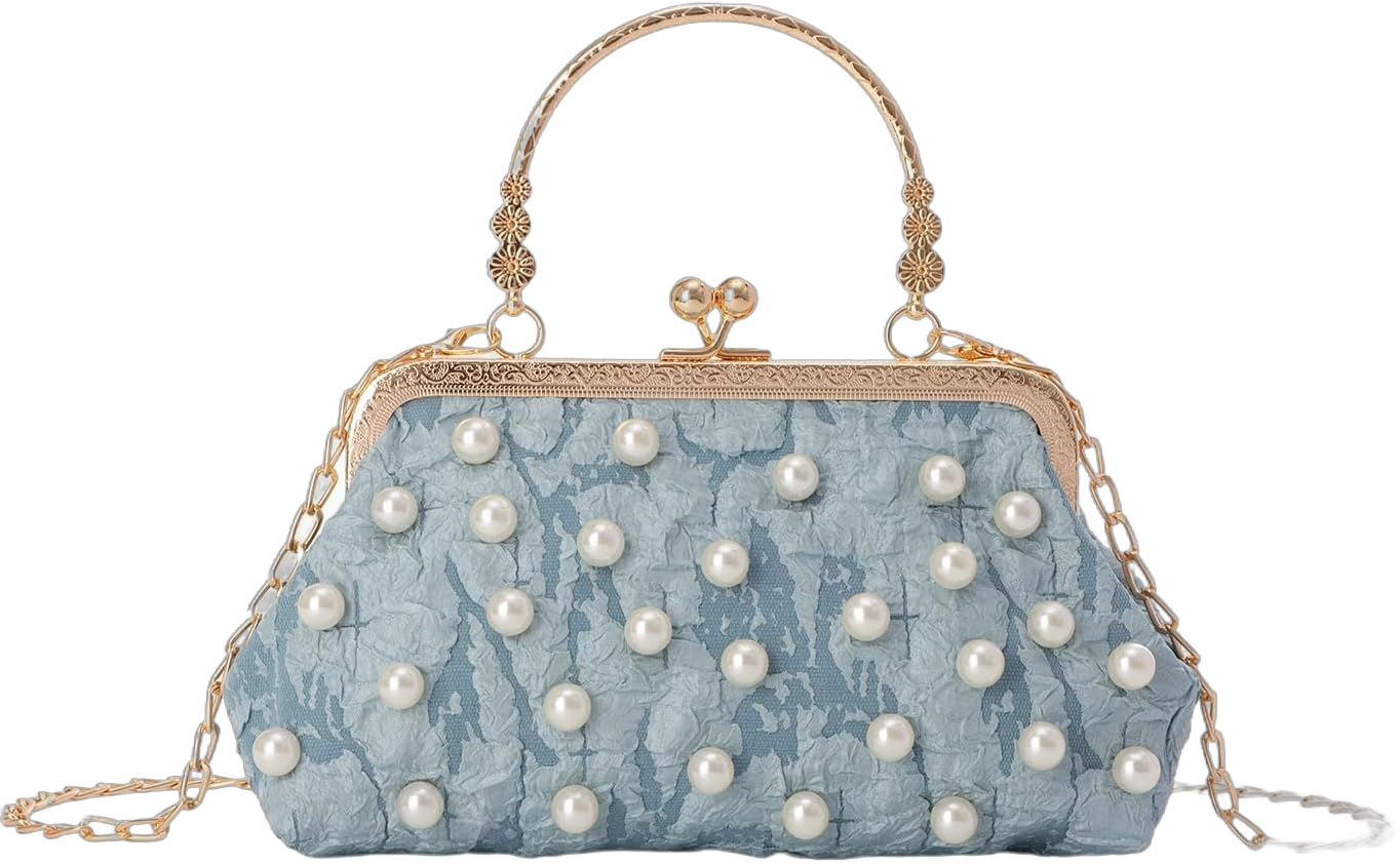 Emprier Women Beaded Evening Handbag Pearl Decoration Cute Clutch Purse Small Bridal Wedding Tote Bags Blue2