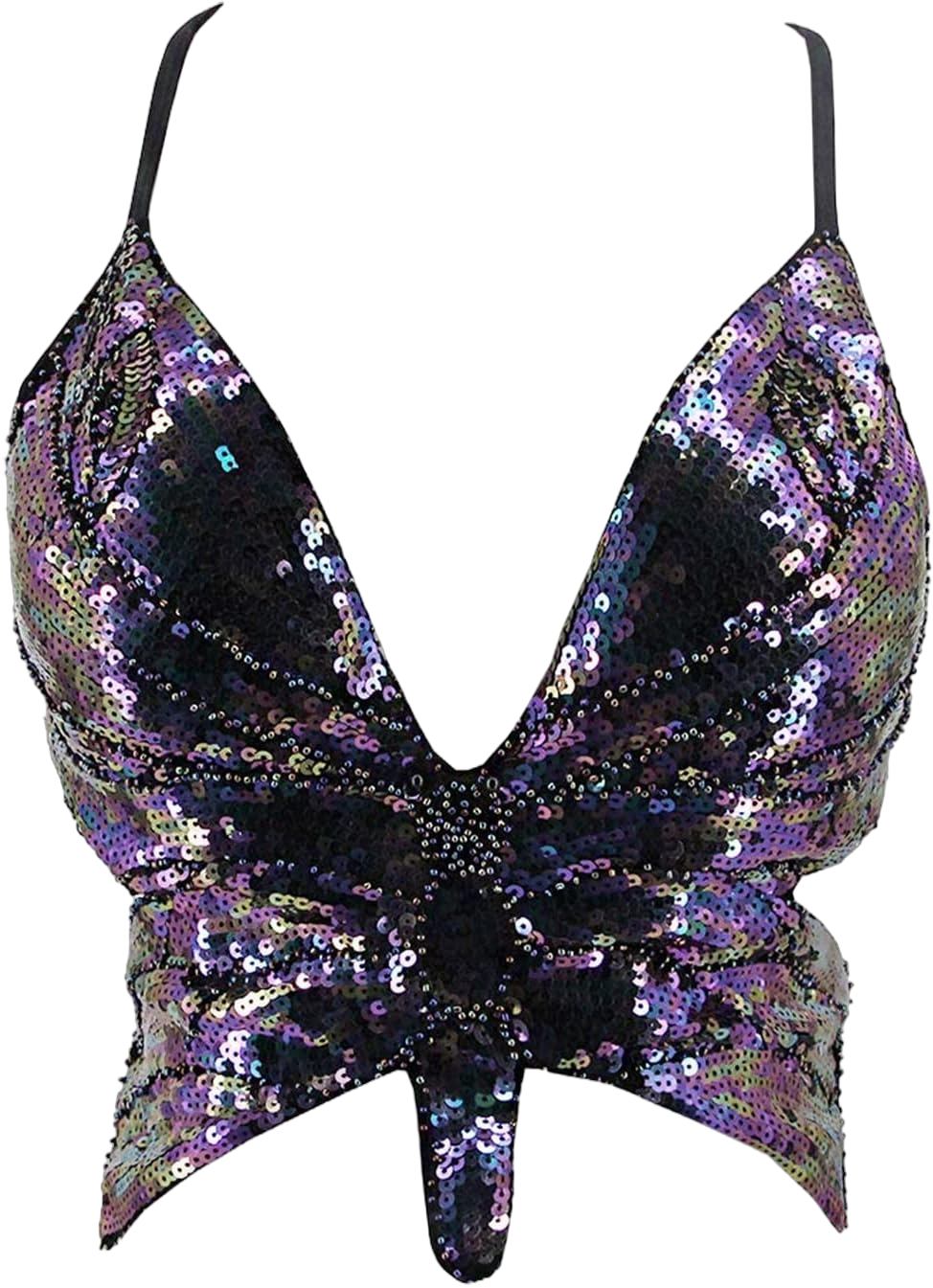 Womens Glitter Sequin Butterfly Crop Top Low-Cut Tank Top Rave Tube Bandage Vest Top for Belly Dance Costume Outfits Vest (B-Black Multicolor, One Size)