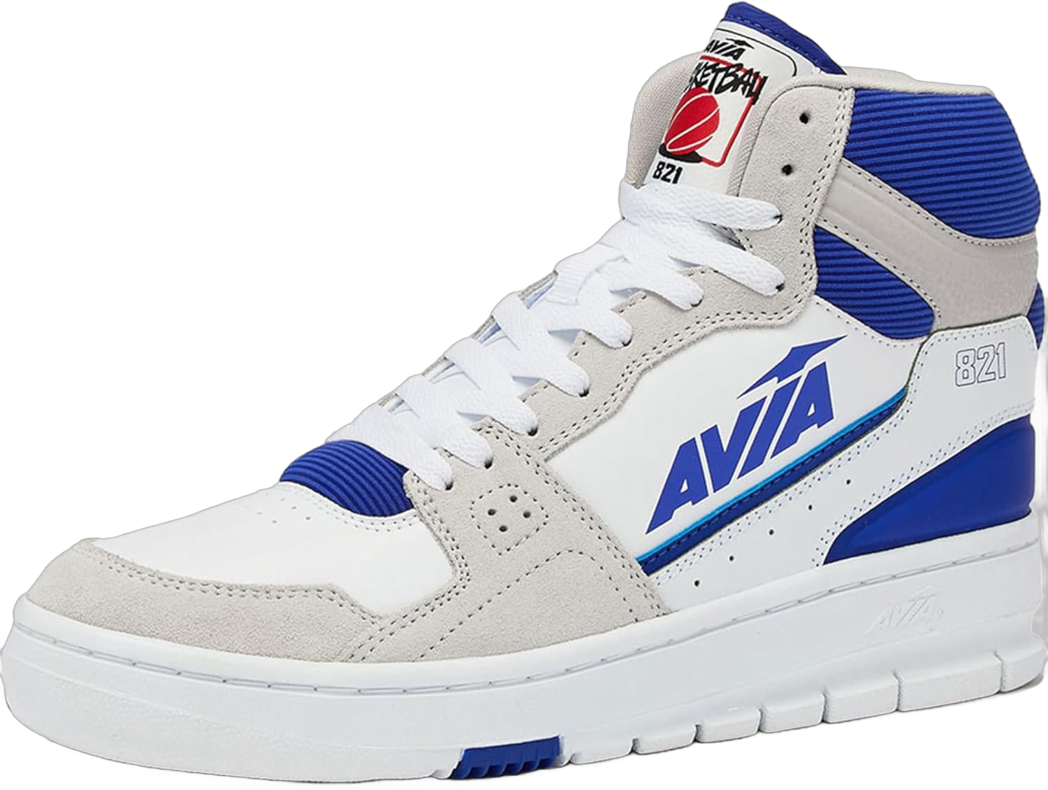 Avia 821 High Top Sneakers for Men, Indoor or Outdoor Mens Basketball Shoes, Size 7 to 16 Retro High Top Shoes Men or Women 10.5 Women/9 Men White/Silver Grey/Navy Blue