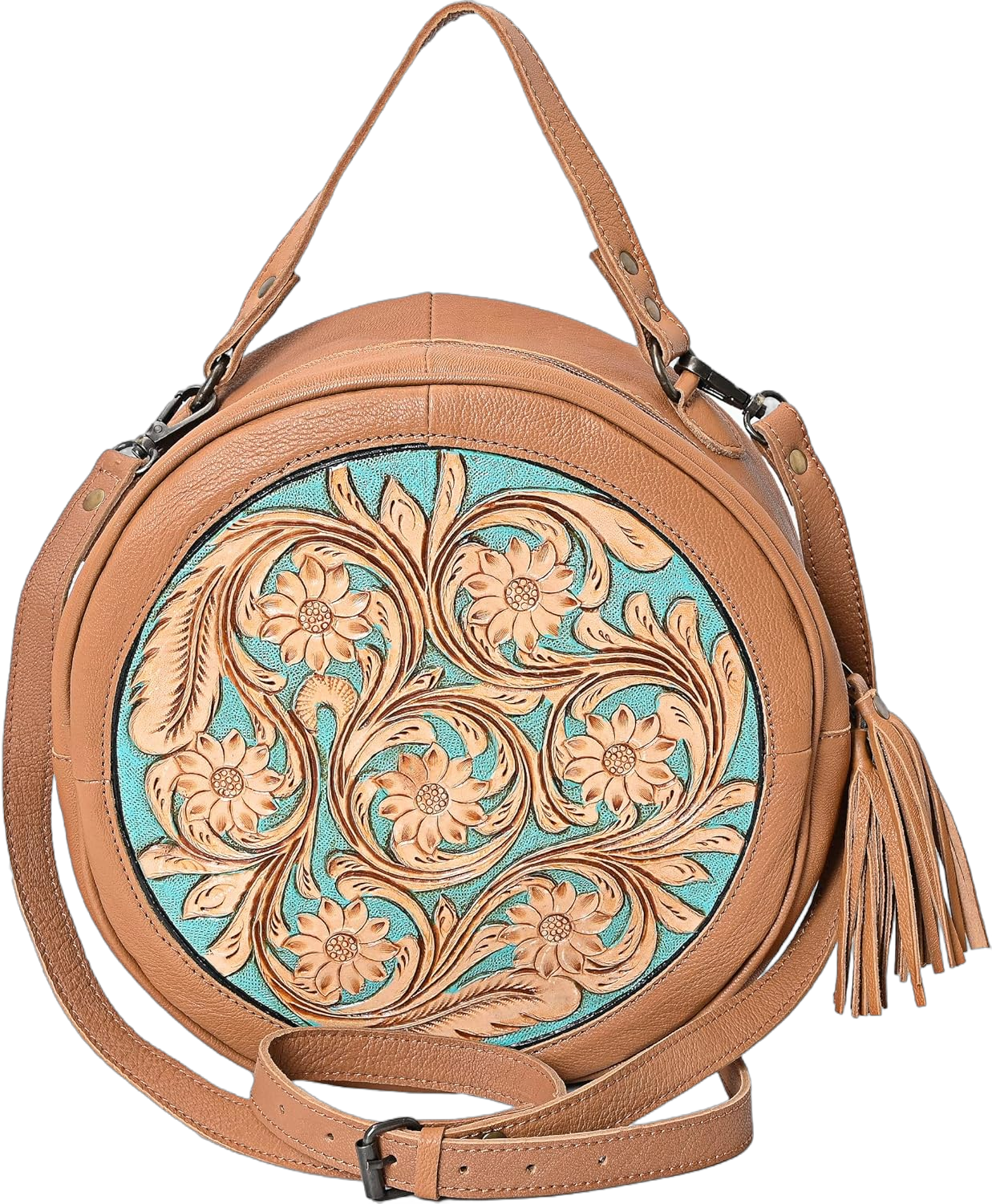 Premium Handtooled Leather Round Western Crossbody Bag Purses For Women Tan