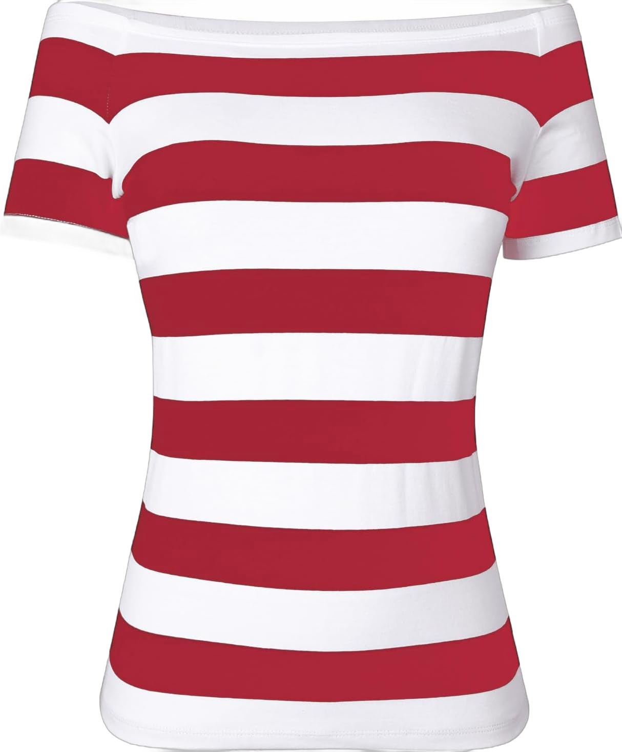 LilyCoco Women Short Sleeve Off The Shoulder Tops Sexy Fitted Shirt Solid Tees Medium Wide Red White Stripe