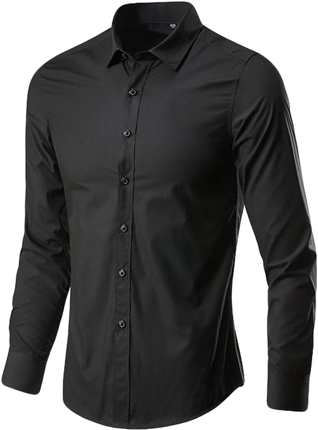 Men's Long Sleeve Dress Shirt Plaid Collar Casual Button Down Shirts Leisure Lapel Slim Fit Button Down Shirt Black X-Large