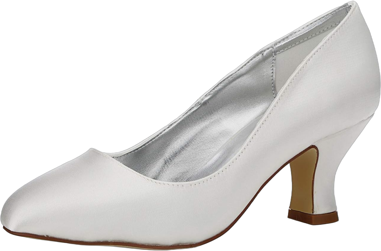 JIAJIA K1721 Women's Bridal Shoes Closed Toe Chunky Mid Heel Dyeable Satin Pumps Wedding Shoes 6.5 Ivory