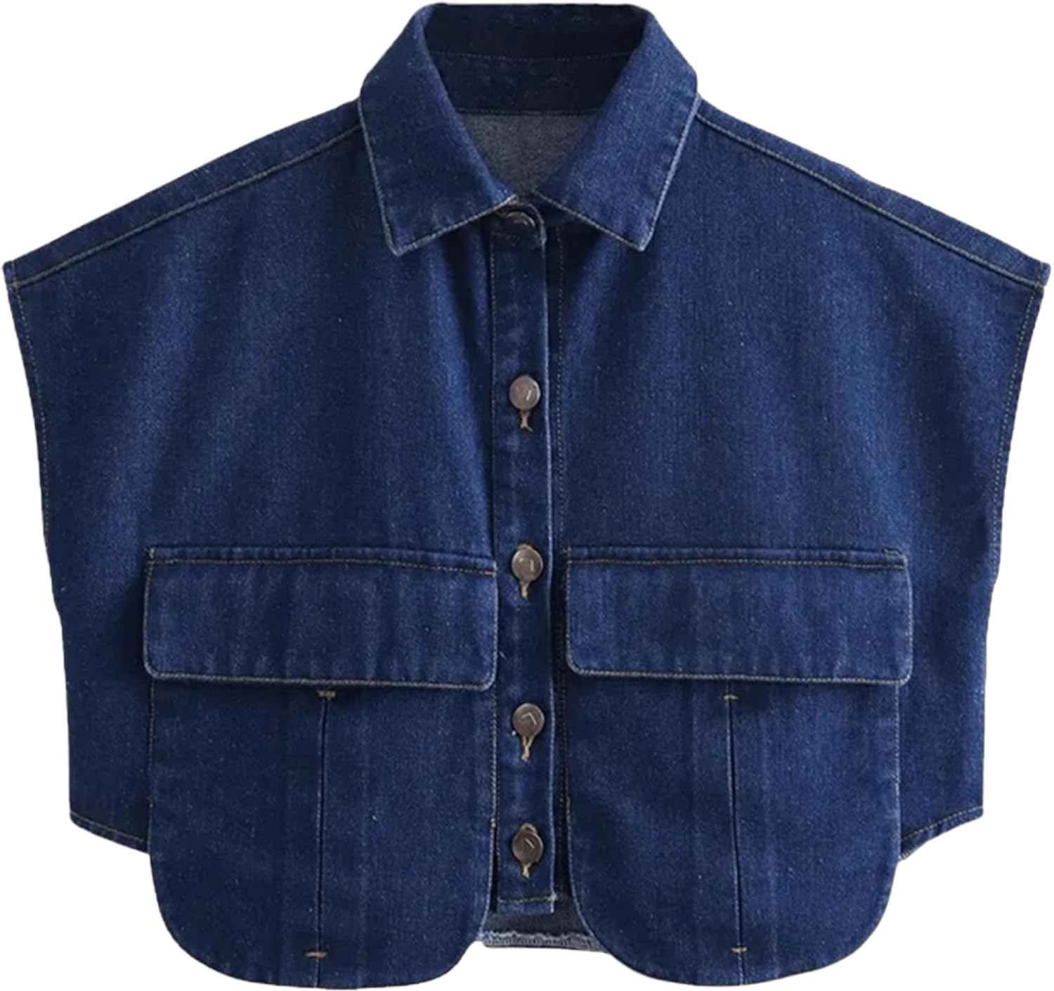 Womens Cropped Jean Jacket Cap Sleeve Botton Down Denim Tops Casual Lapel Collar Shirts With Pockets Large Deep Blue