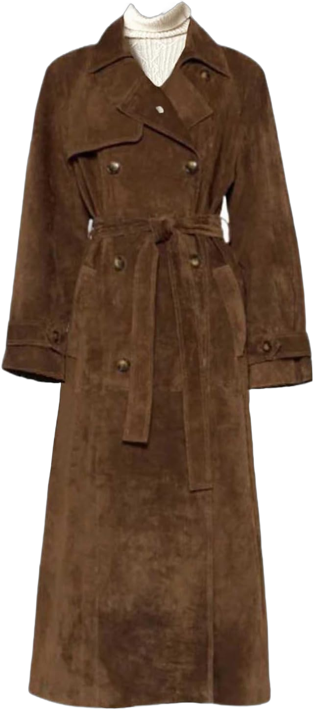 Womens Faux Suede Long Trench Coat 2024 Trendy Retro Notched Lapel Double Breasted Pea Coat Overcoat with Belt Brown Medium