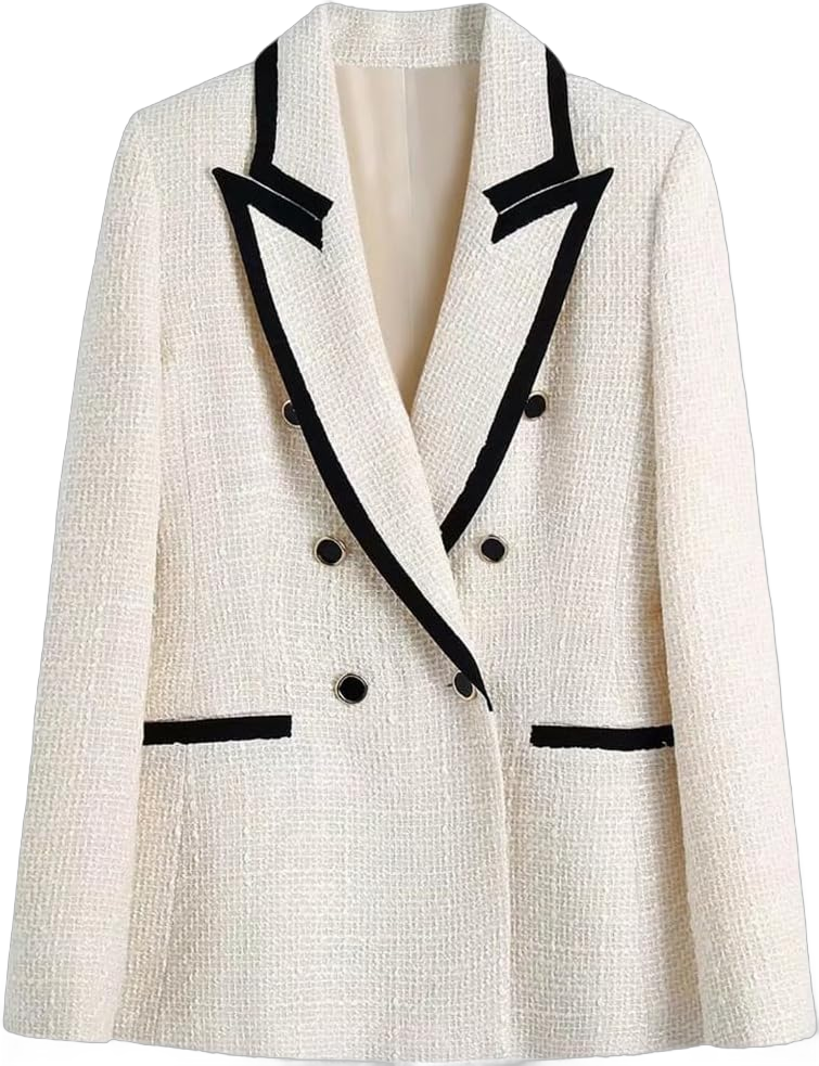 Women Double Breasted Tweed Blazer Coat Vintage Long Sleeve Pockets Outerwear Jacket Large Creamy-white