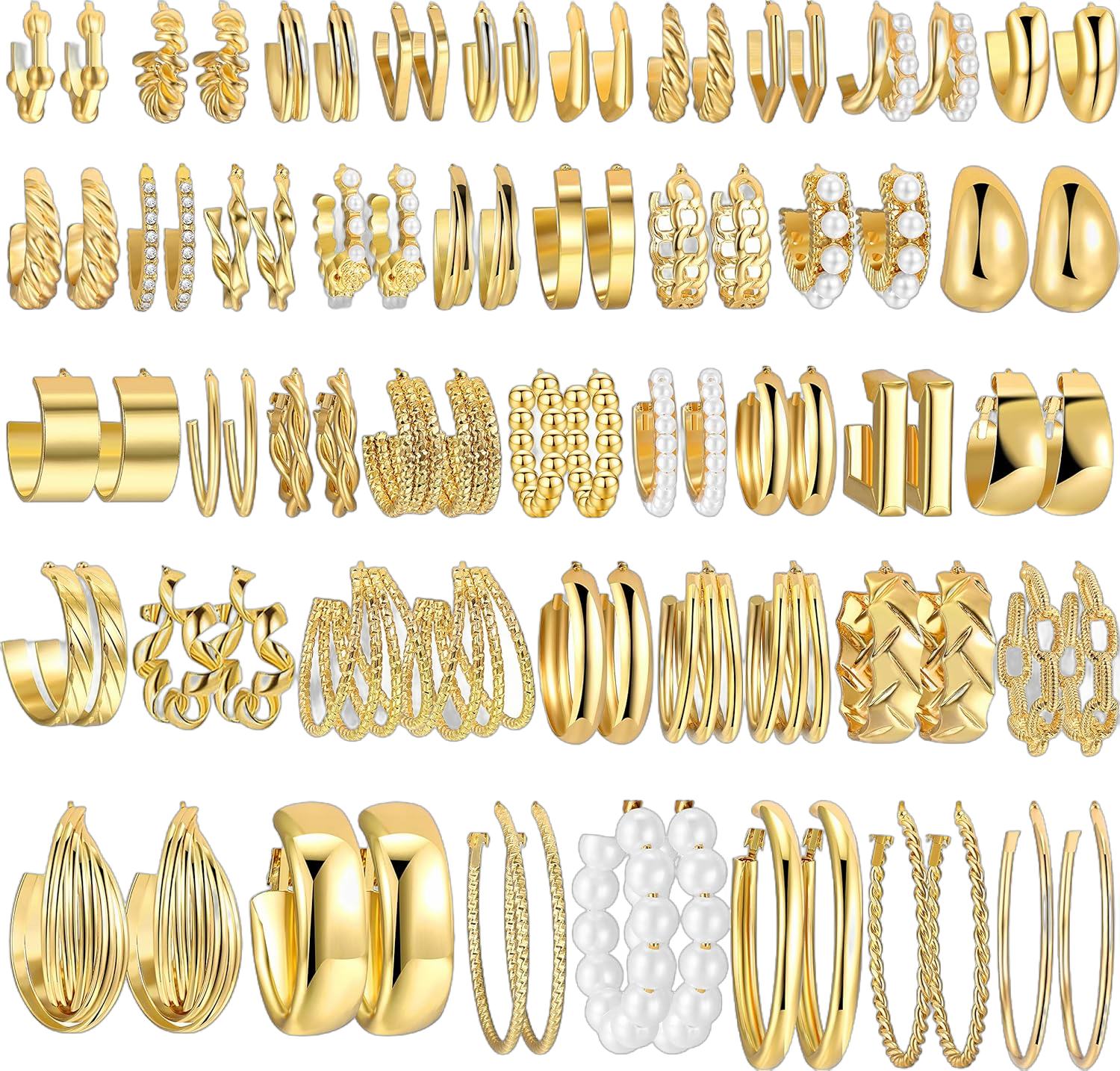 42 Pairs Gold Hoop Earrings Set for Women, Fashion Chunky Pearl Earrings Multipack Twisted Statement Earring Pack, Hypoallergenic Small Big Hoops Earrings for Birthday Party