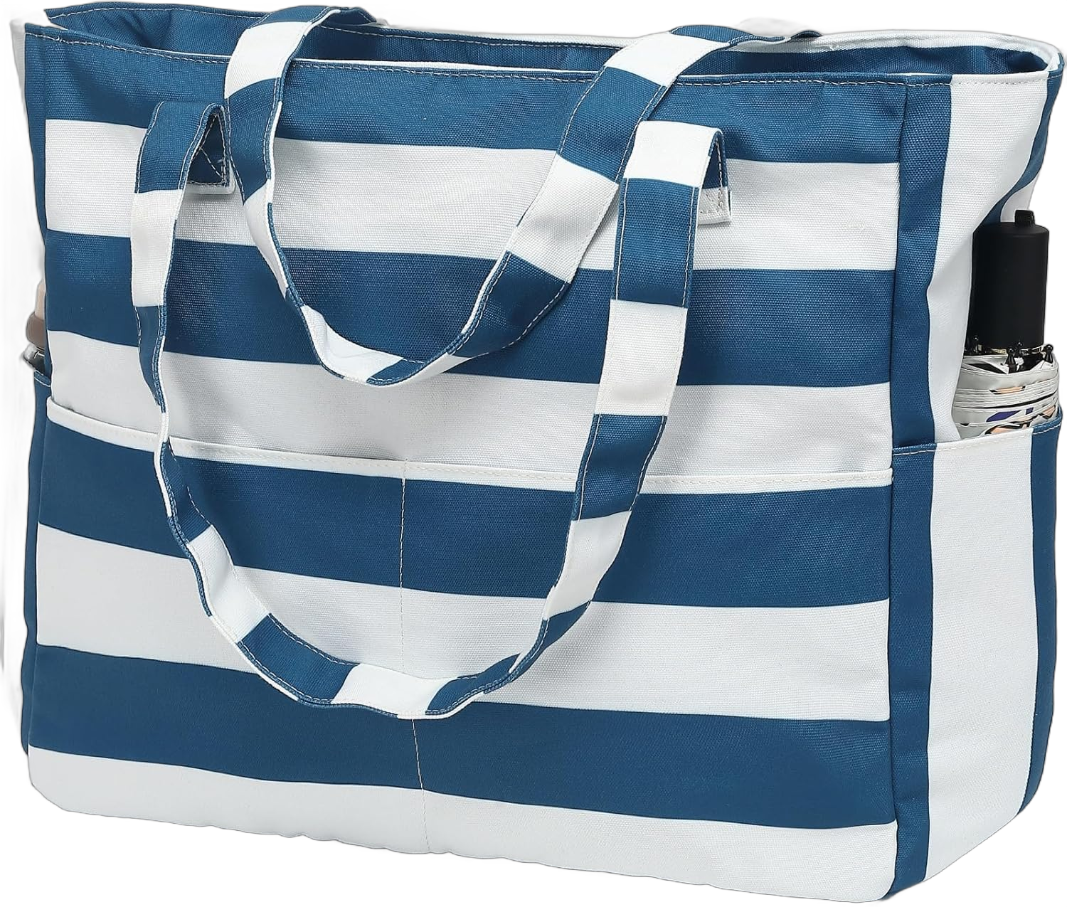 CAMTOP Waterproof Beach Tote Bag for Women Girls with Zipper Foldable Sandproof Pool Swim Bag Travel Carry On Gym Z-2pcs Blue White Stripe