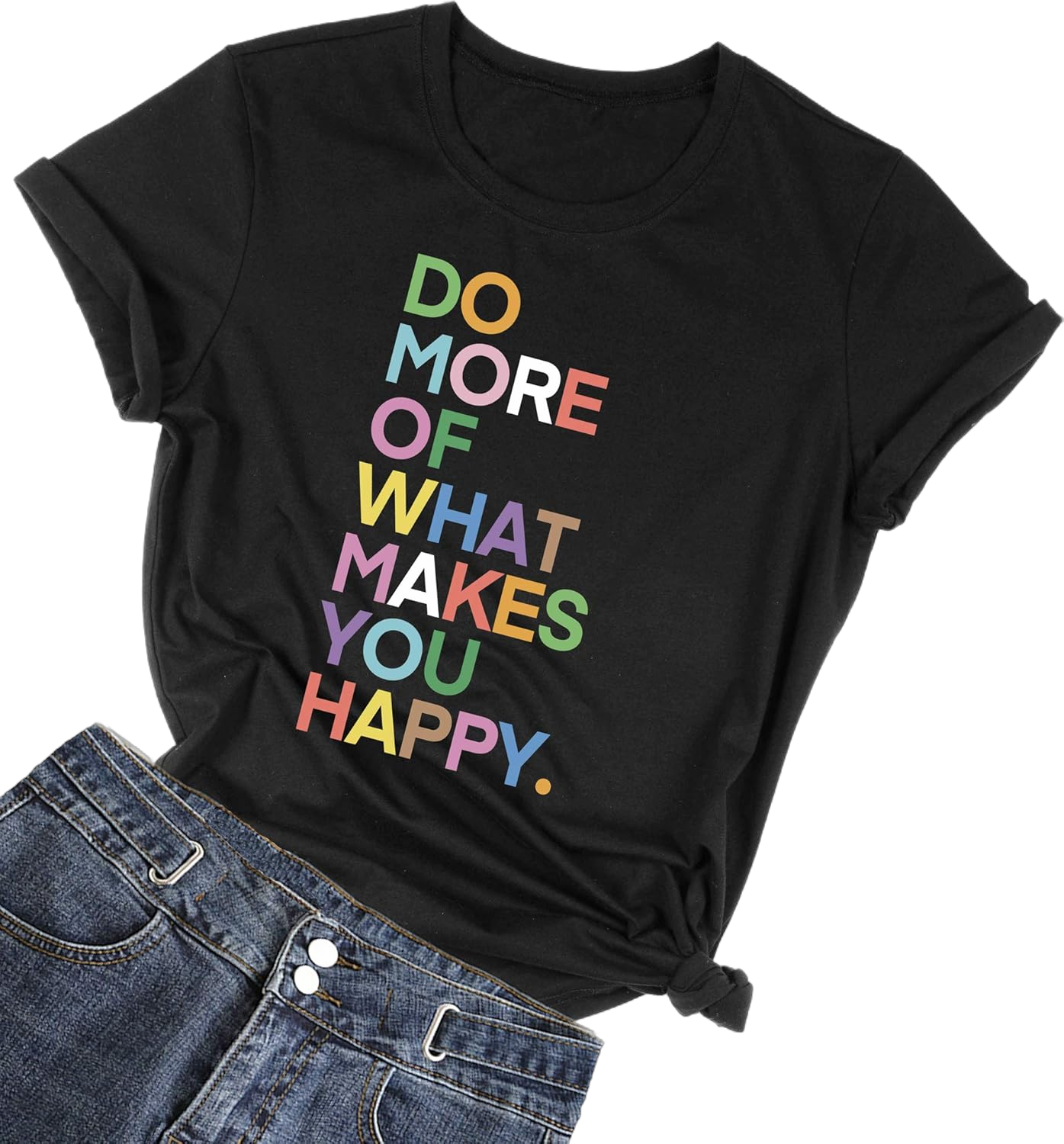 MIMOORN Womens Fun Happy Graphic Tees Summer Cute Letter Printed T-Shirts Small Crew Neck Black