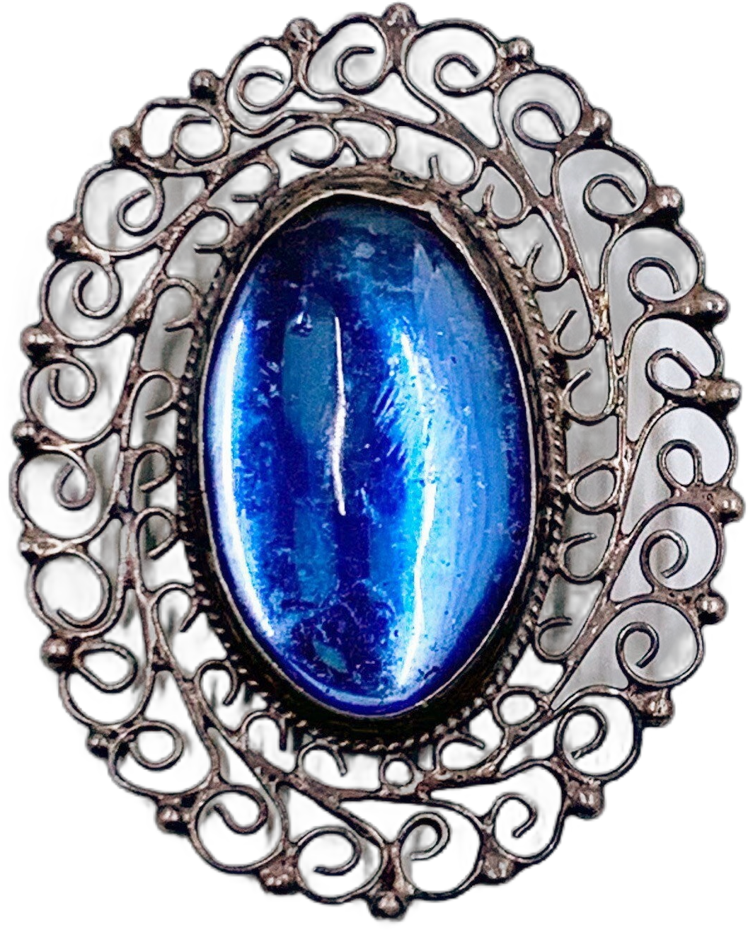 Vintage Silver Filigree Brooch | Mexican Silver Blue Glass Brooch