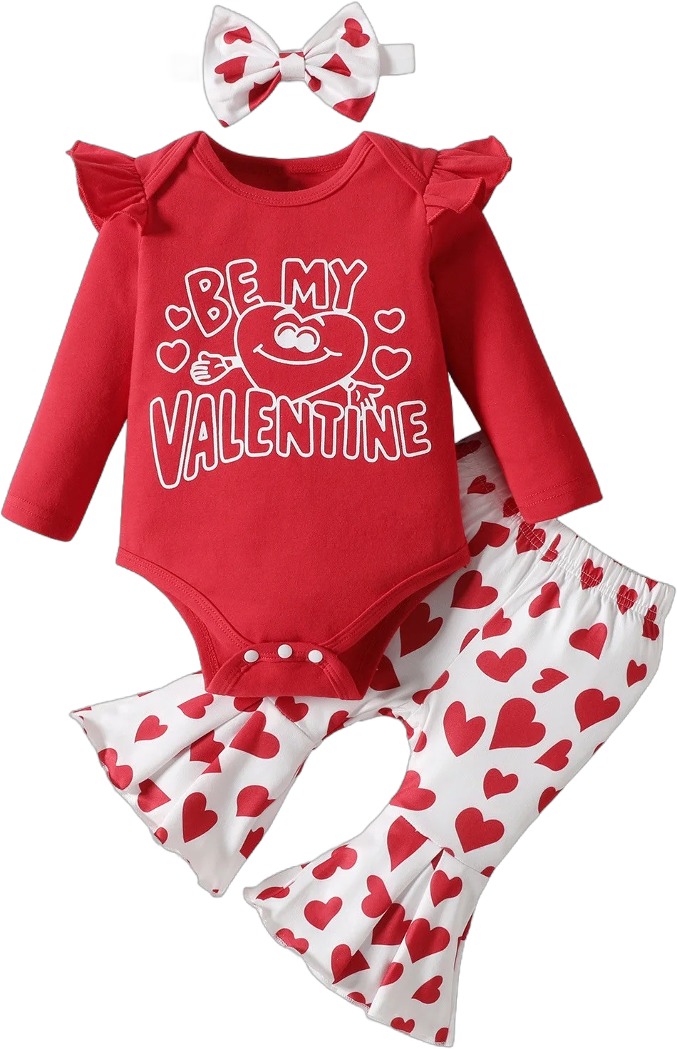 Girls Outfit Long Sleeve Valentine's Day Pattern Romper Bodysuit Heart Prints Bell Bottoms Headband Outfits Baby Girls Clothes Red 6 Months-9 Months