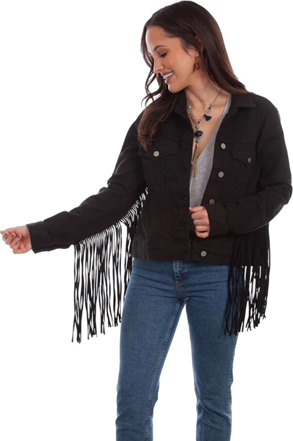 Scully Black Womens Fringe Denim Jacket HC711 3X Black