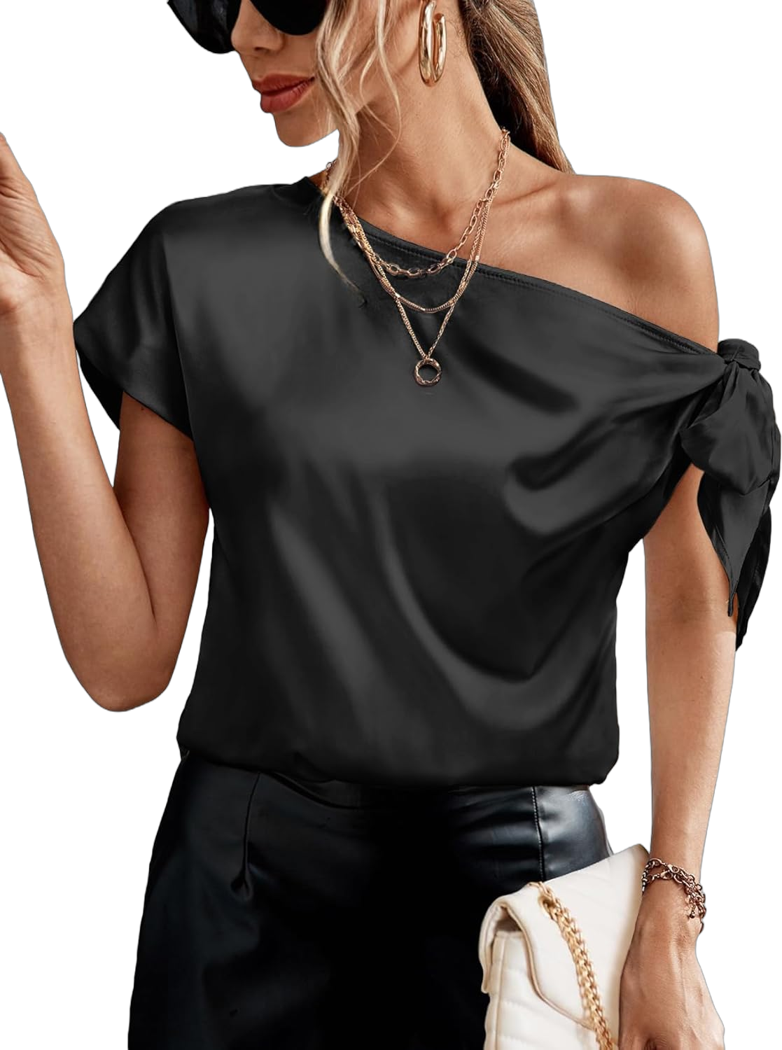 Women's 2024 Off Shoulder Satin Tops Elegant Casual Short Sleeve Asymmetrical Neck Silk Blouses Shirts