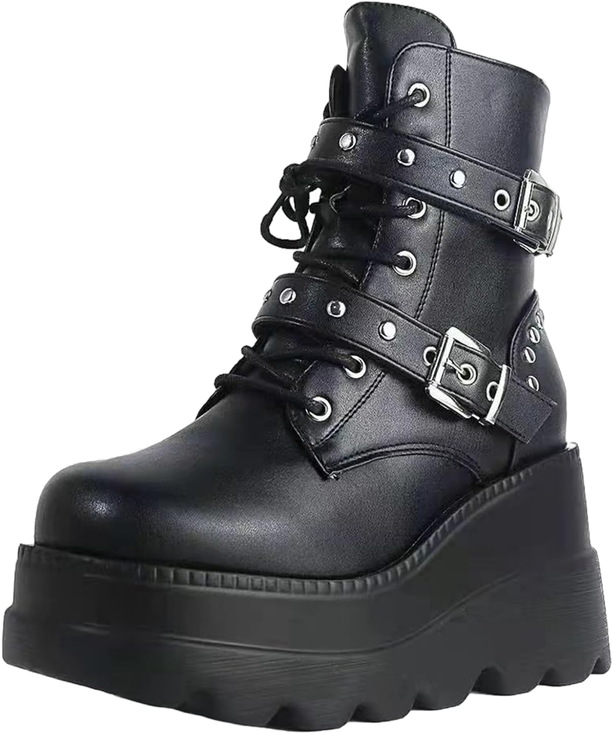 Women's Wedge Goth Boots Black Platform Combat Booties Side Zip Lace Up Motorcycle Boots Chunky Heel Punk Ankle Boots 8 Black