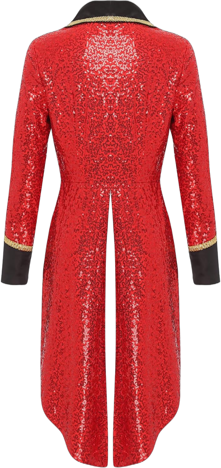 Vxuxlje Women's Sequins Circus Ringmaster Tailcoat Jackets Magician Showman Role Play Costume Red Small