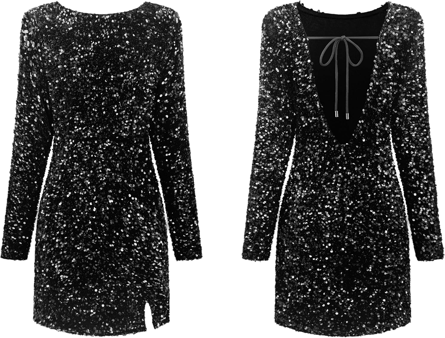 R.Vivimos Women's Sequin Bodycon Dress Fall Winter Velvet Warm Long Sleeve Crew Neck Sexy Backless Glitter Slit Mini Dress Small Black