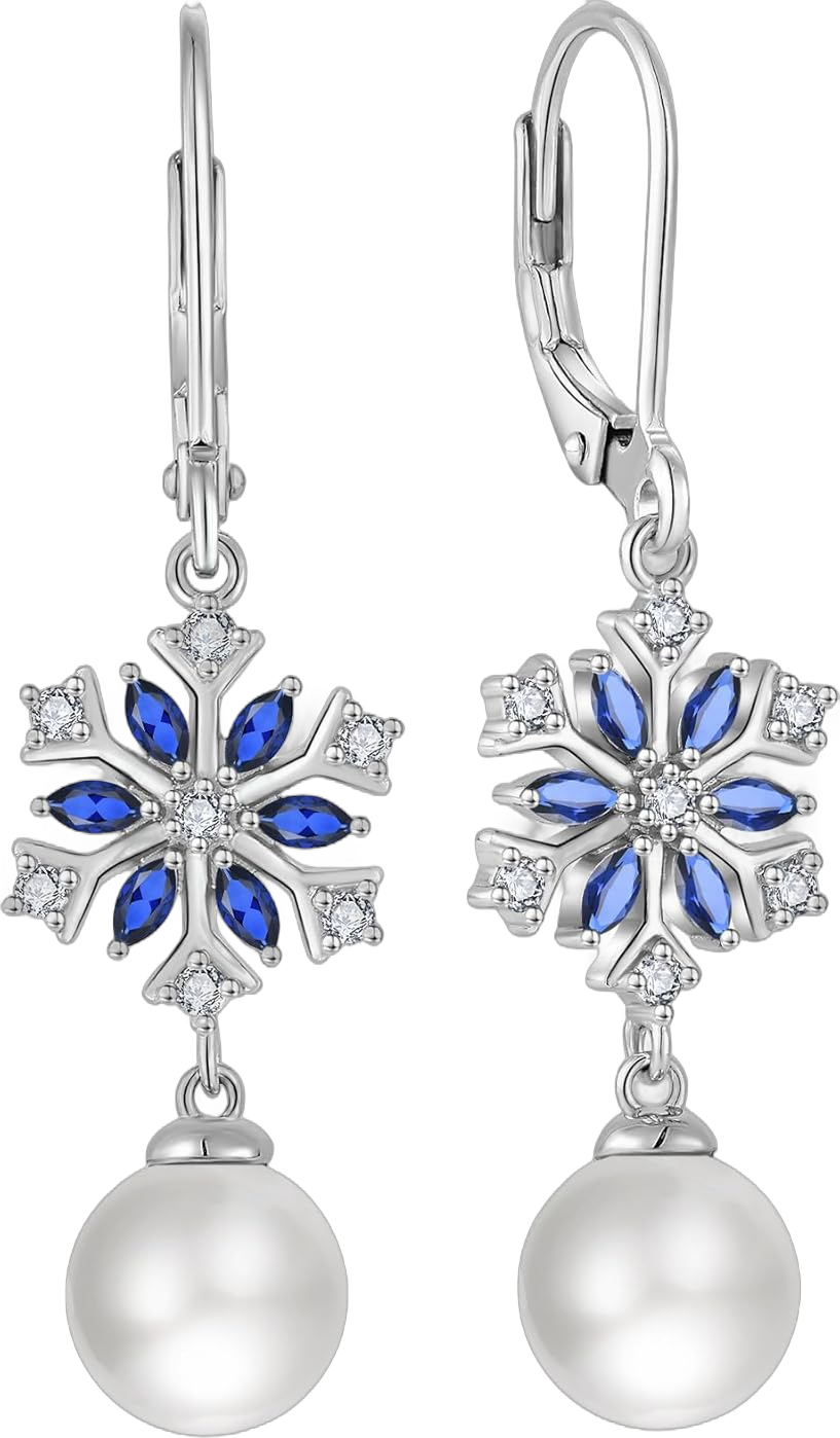 Snowflake Pearl Dangle Drop Earrings for Women 925 Sterling Silver 5A Cubic Zirconia Birthstone Hypoallergenic Leveback Earrings Jewelry Winter Christmas Birthday Gifts for Her September,Sapphire Color