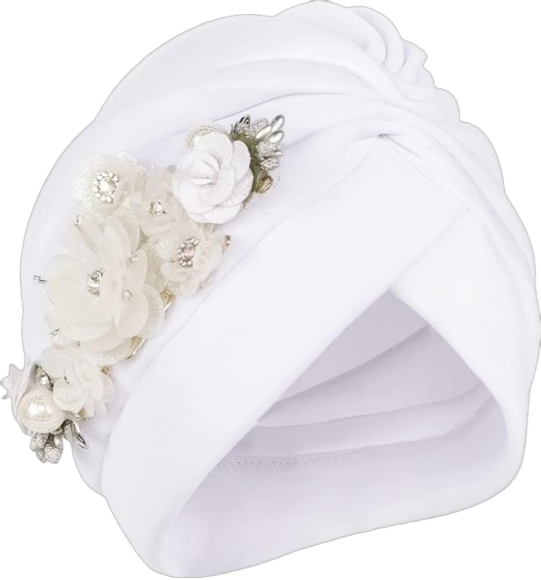 Women Flower Turban Hat Muslim Hijab Headscarf Pleated Beanie Head Wrap African Bonnet Cap Stretchy Chemo Hat White