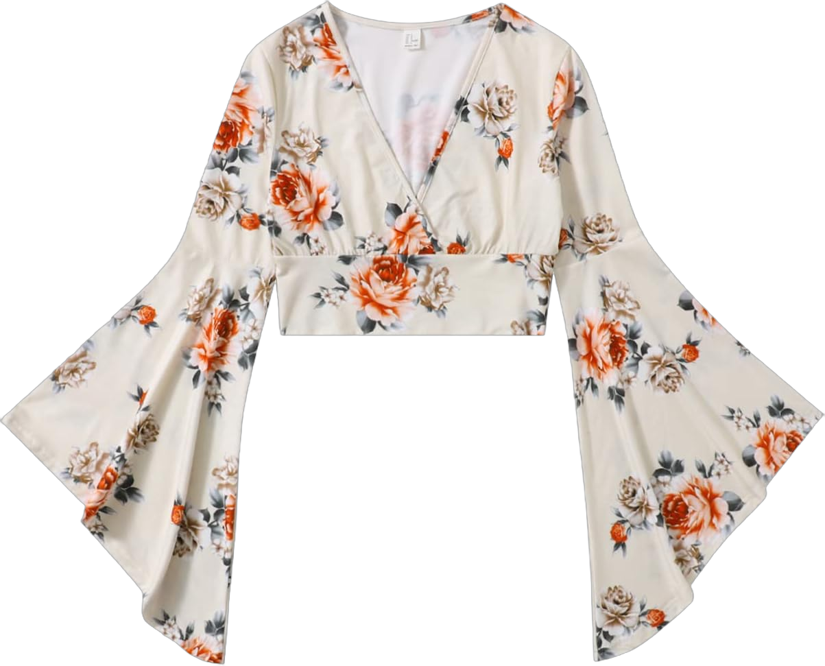 Floerns Women's V Neck Long Bell Sleeve Wrap Blouse Top Tee Shirts Medium Floral Apricot