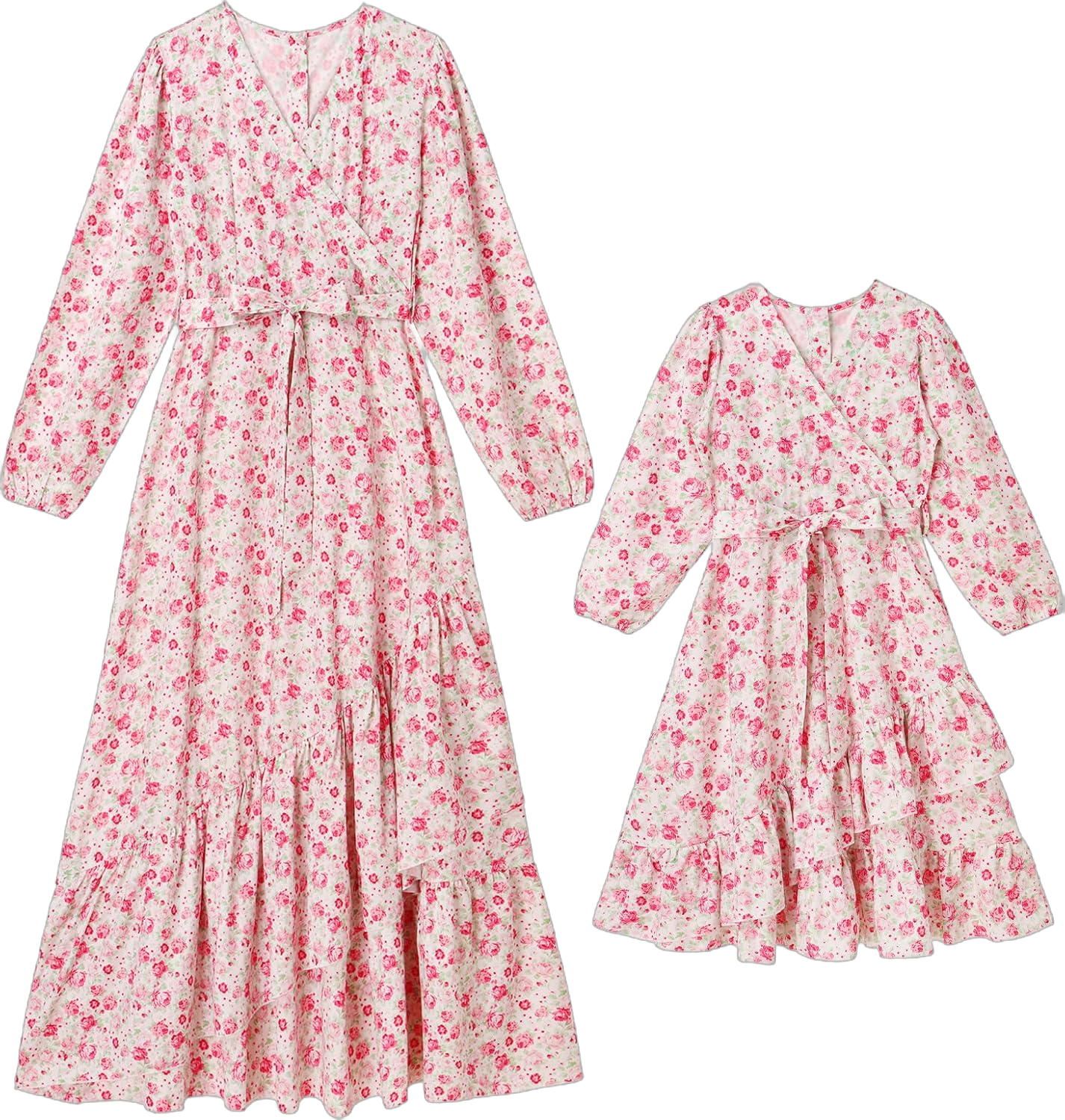 AWIBMK Mommy and Me Matching Dresses Floral Ruffled Hem Long Dress Fall Winter Strawberry Mom Daughter Matching Outfits Girl 2T Pink Flower