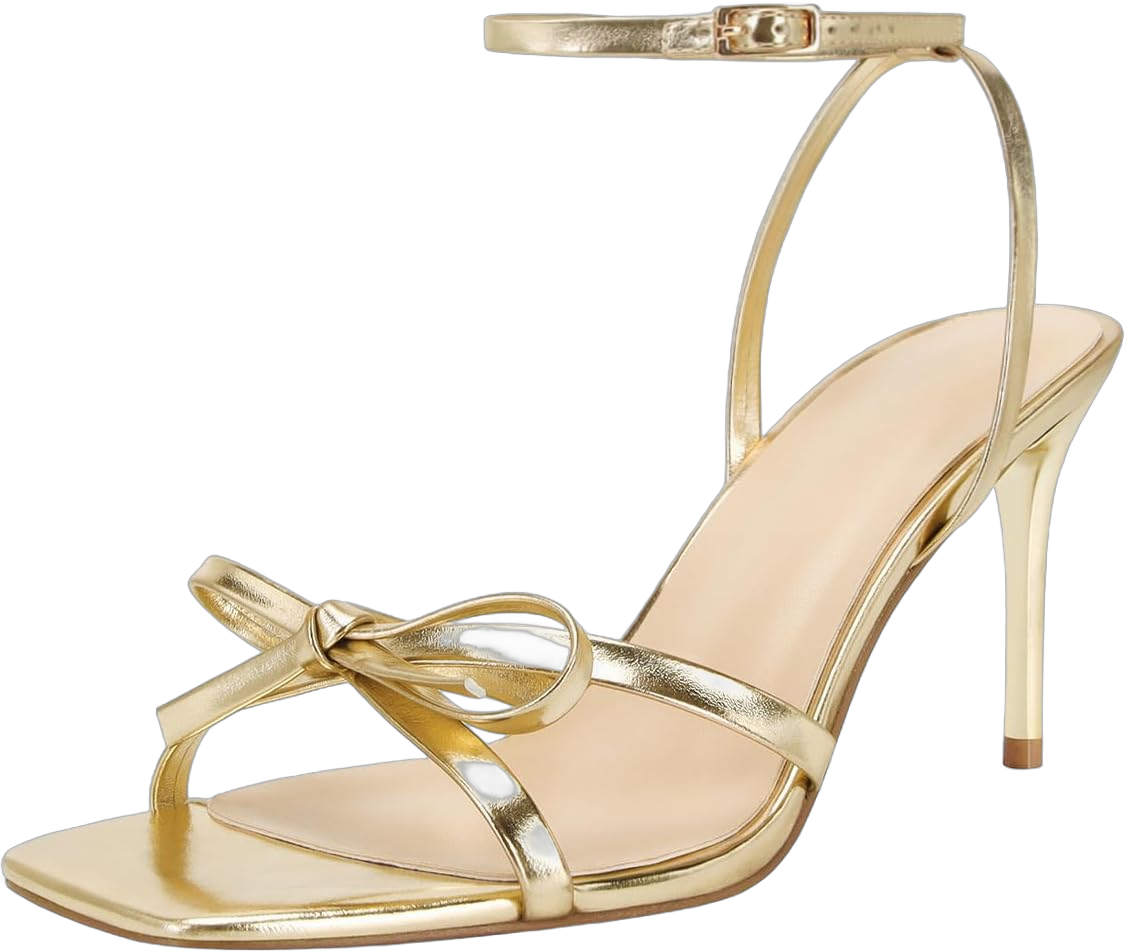 Dsevht Gold Bow Heels for Women Sexy Stiletto Strappy Heeled Sandals Square Open Toe Bow Knot Metallic Slingback Heels Dress Shoes