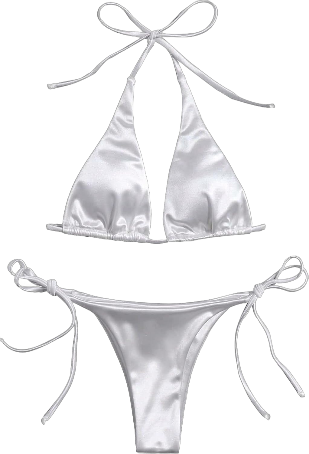 MakeMeChic Women's Triangle Halter Top & Tie Side Thong 2 Piece Bikini Sexy Swimsuit Large Satin White