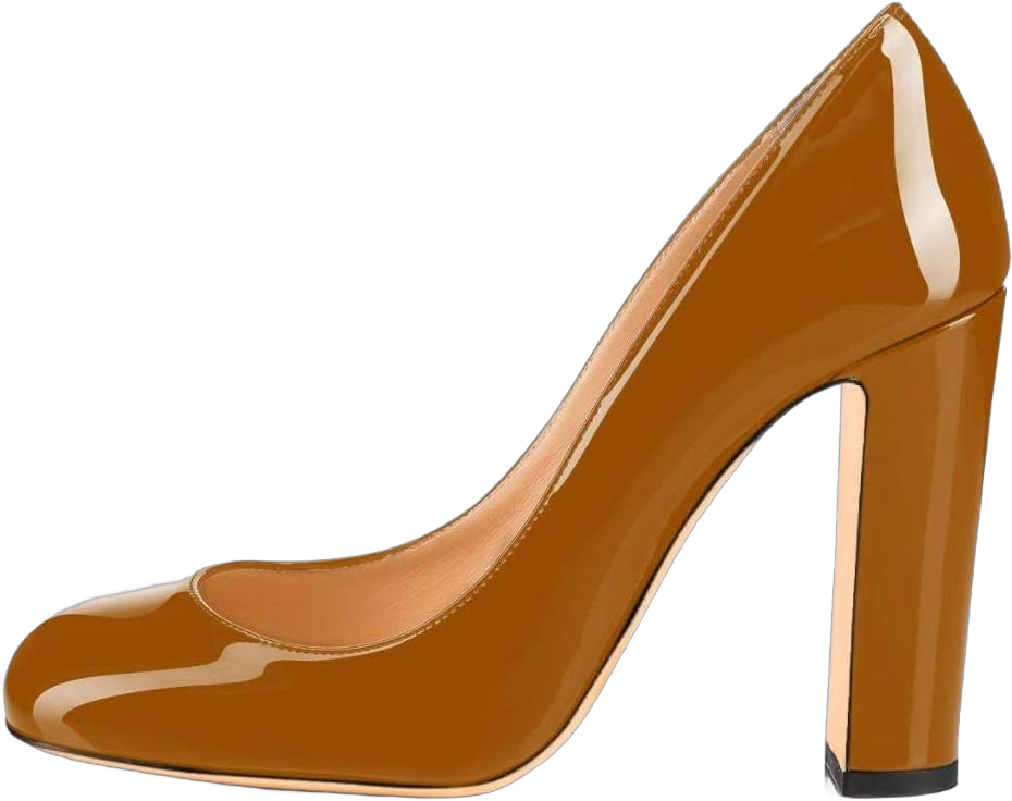 Fericzot Pumps Women Sexy Patent Leather Round Toe Block Heels Pumps Gorgeous Evening Party Wedding Shoes Plus Size US 8.5 Brown