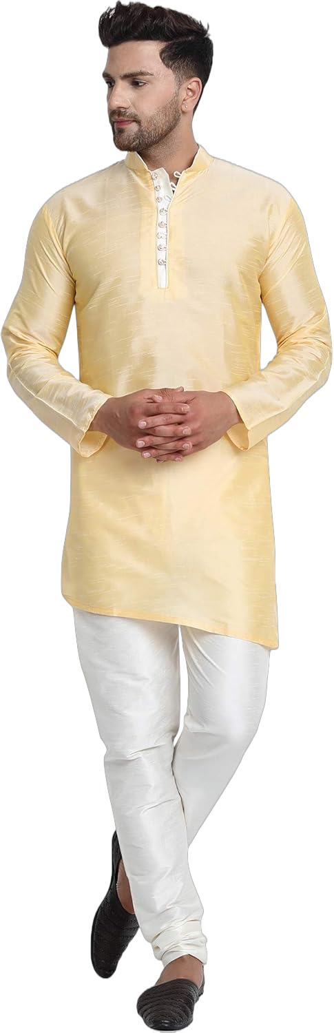 SKAVIJ Men Art Silk Cross Cut Ethnic Kurta Pajama Indian Clothing Traditional Suit Dress Set Small Beige