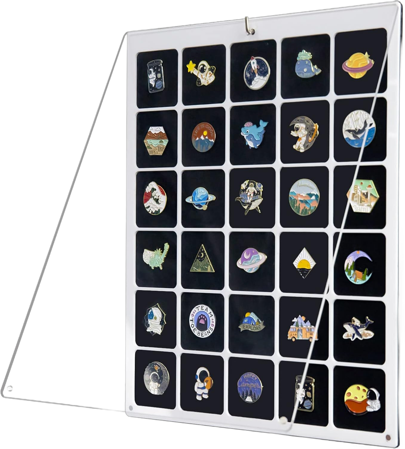 HIIMIEI Clear Acrylic Pin Collection Display Organizer, Dust-Free Table Top & Wall Pin Display Holder Board for Enamel Pin, Jewelry Pins, Pin Gift, Pin Enthusiast, Pokemon Badges (11x14, 30 Grids)