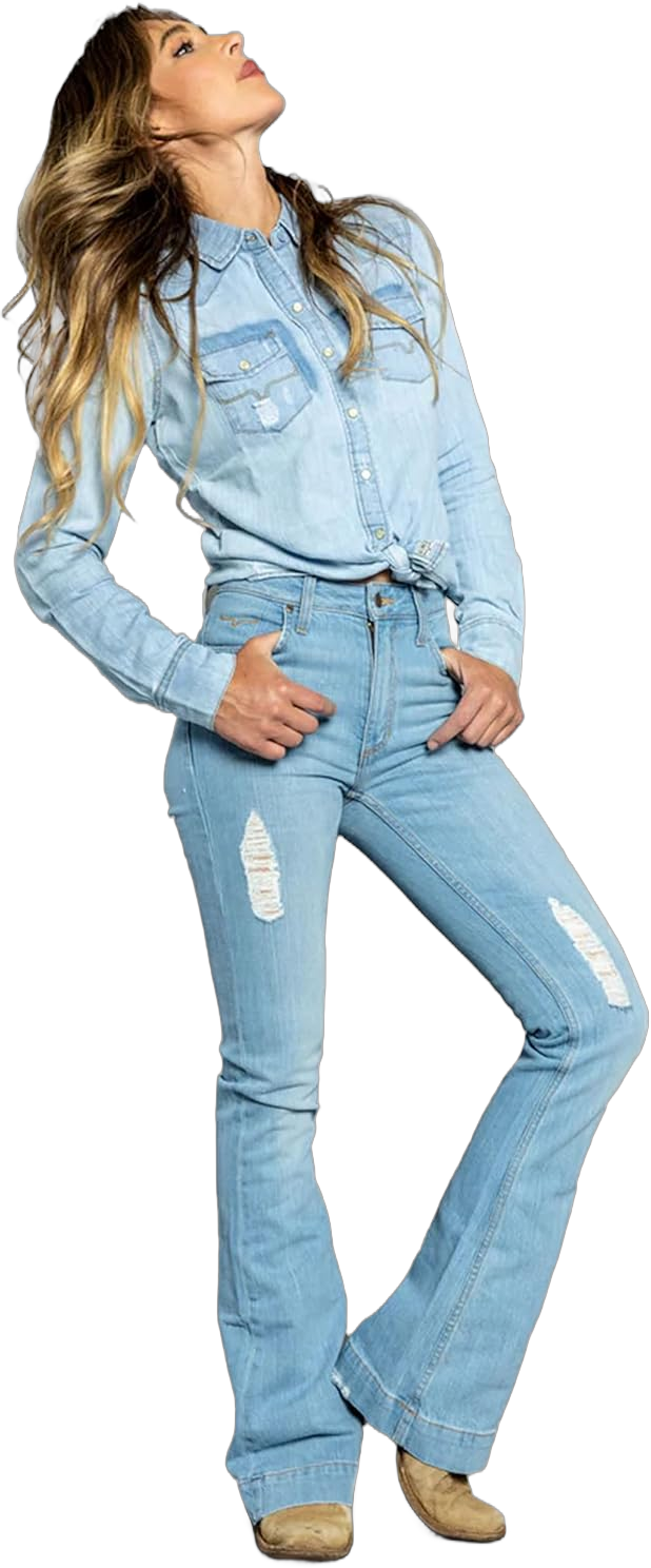 Kimes Ranch Women's Sugar Fade Casual Western Ultra-High Rise Wide Flare Distressed Blue Washed Denim Jeans 10-36 Blue