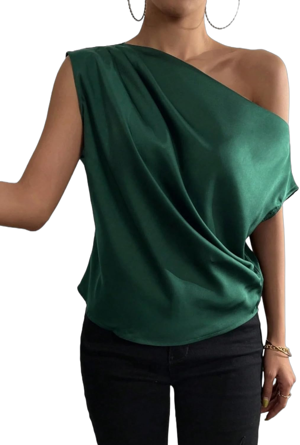 ALCEA ROSEA Women's Off Shoulder Tops Satin Silky Batwing Shirts Solid Tanks Blouse Elegant Office Work Tunics Dark Green Small