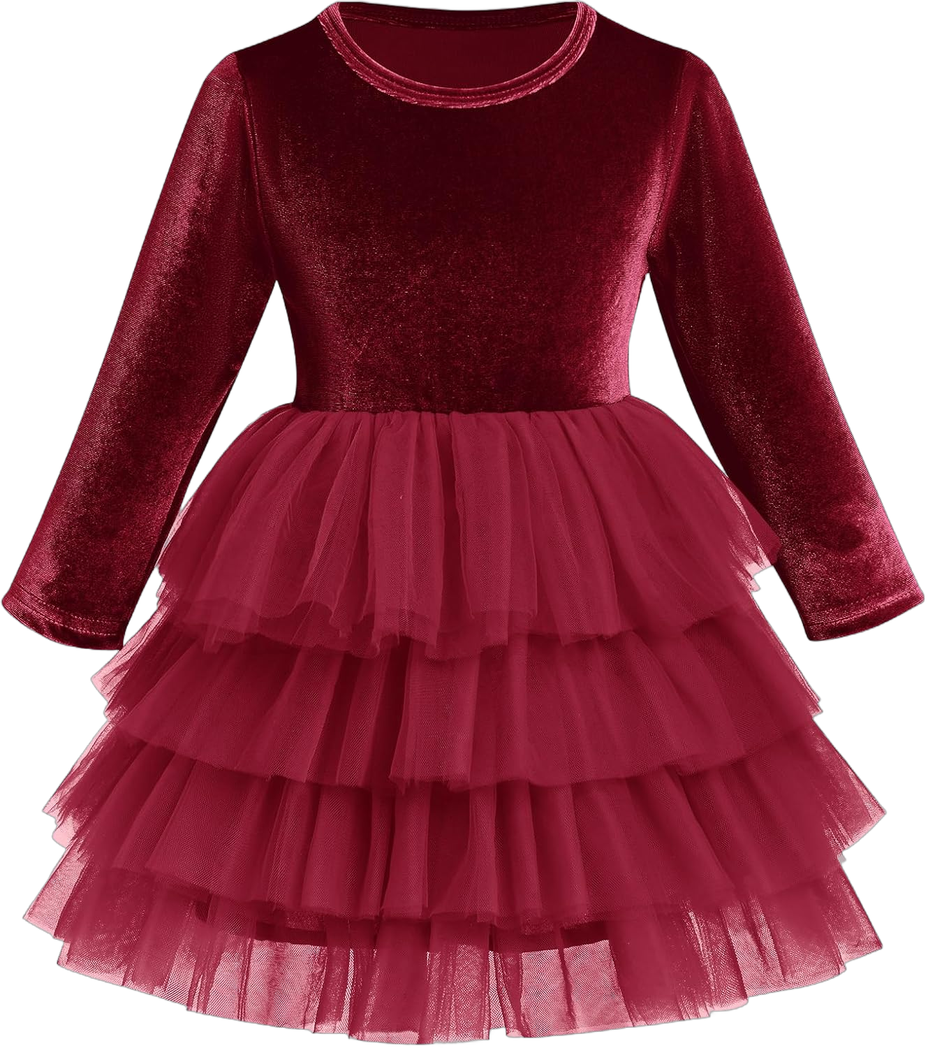 Kids Girls Fall Winter Long Sleeve Velvet Tiered Tulle Tutu Dress Wedding Flower Girl Dress 5-6 Years Wine Red