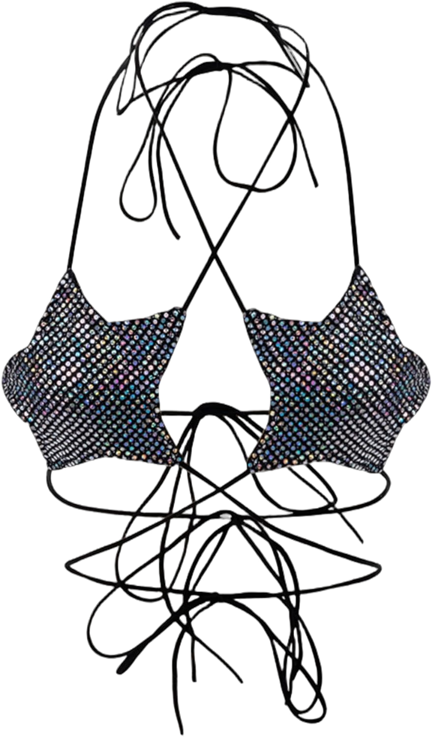 Women's Metallic Holographic Star Bra Crop Top Lace Up Halter Bralette Bandeau Camisole One Size Multicolored Sequin