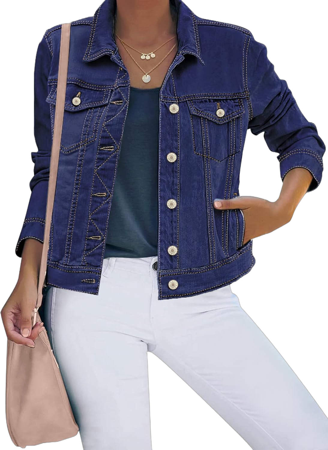 luvamia Women's Basic Button Down Stretch Fitted Long Sleeves Denim Jean Jacket X-Large Deep River Blue