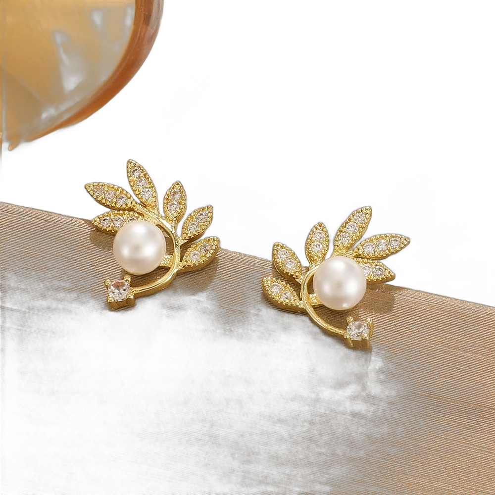 Pearl Stud Earrings Gold Leaf Ear Studs Rhinestone Flower Tiny Earring Studs for Women (leaf)