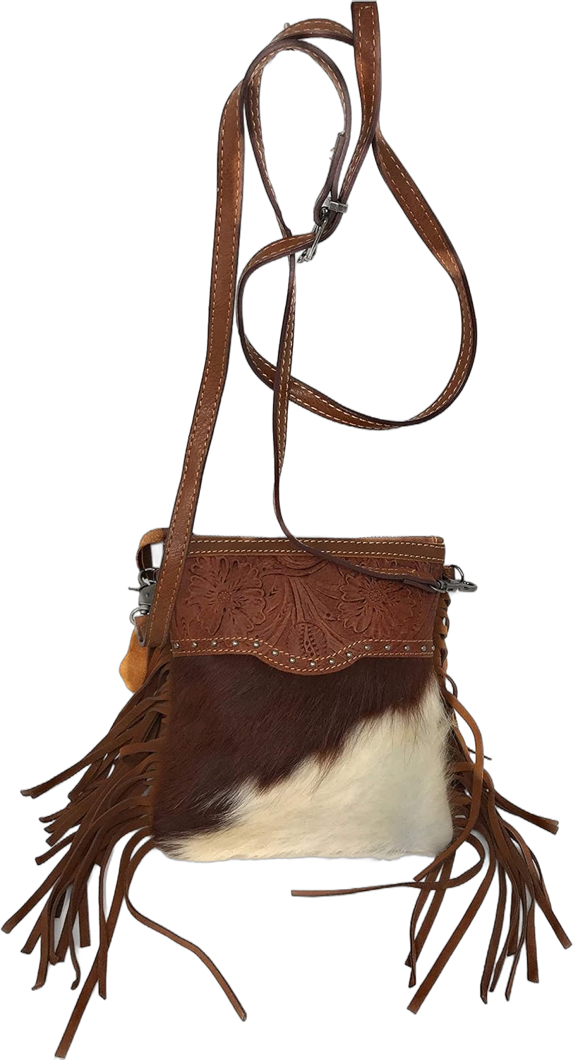 Western Genuine Tooled Leather Cowhide Fur Fringe Womens Crossbody Bag in 3 Colors