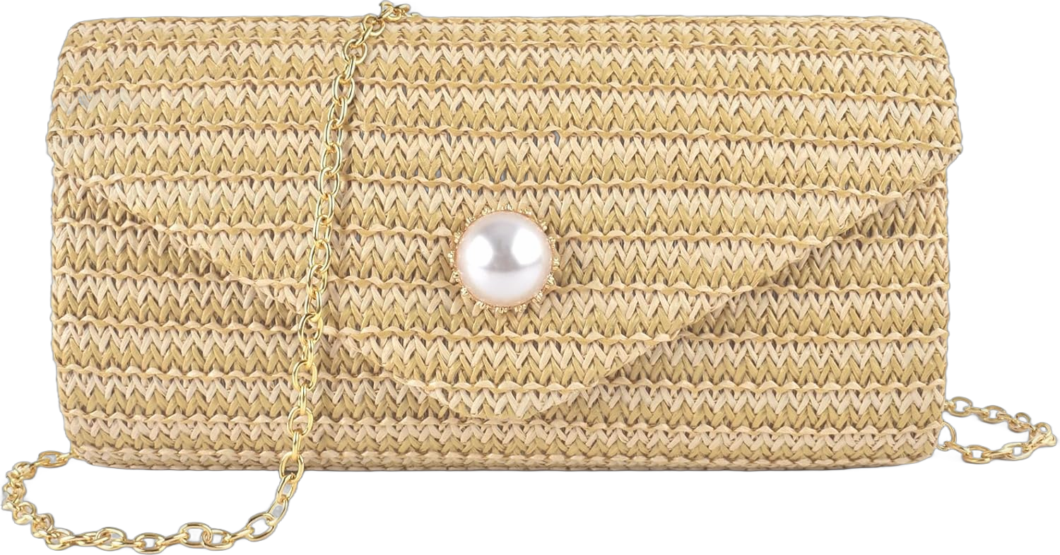 PACETAP Straw Clutch Purse for Women, Pearl Decoration Boho Crossbody Bags, Evening Clutch Purses Handbags for Wedding Party Cocktail Prom Dinner