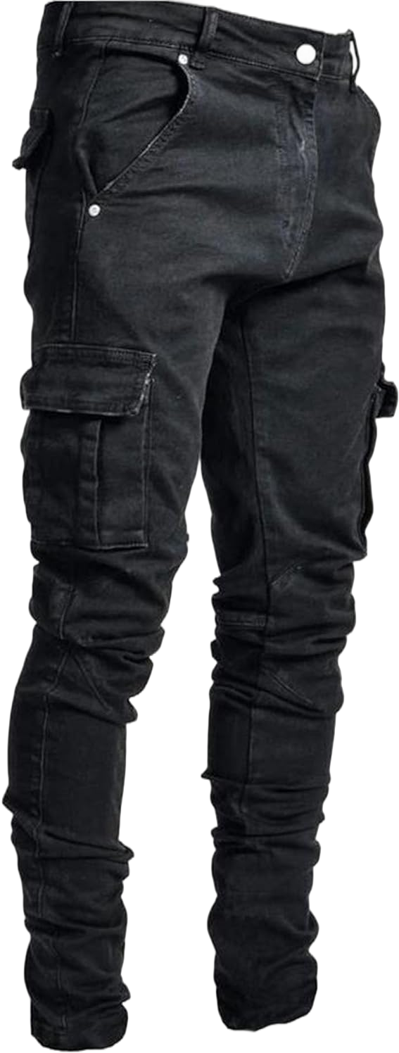 Mens Slim Fit Stretch Skinny Pants Cotton Cargo Pant Buttons Denim Trousers Fashion Casual StraightLeg Jeans X-Large Black