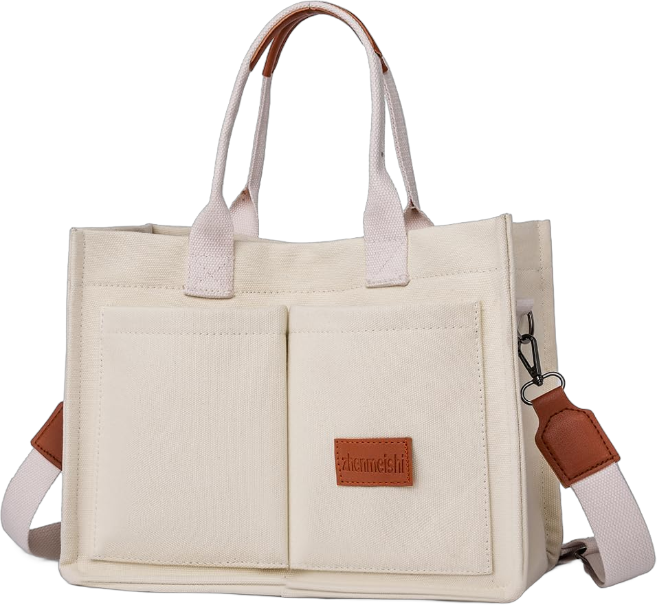 Canvas Tote Bag Everything Tote Bag with Multi Pockets for Women Large Crossbody Mommy Diaper Bag Handbag for School Beige