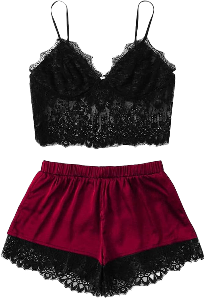 Women's Plus Size Lingerie Set Spaghetti Strap Lace Trim Bralette and Shorts Sleepwear Pajama Set Medium Wine Red