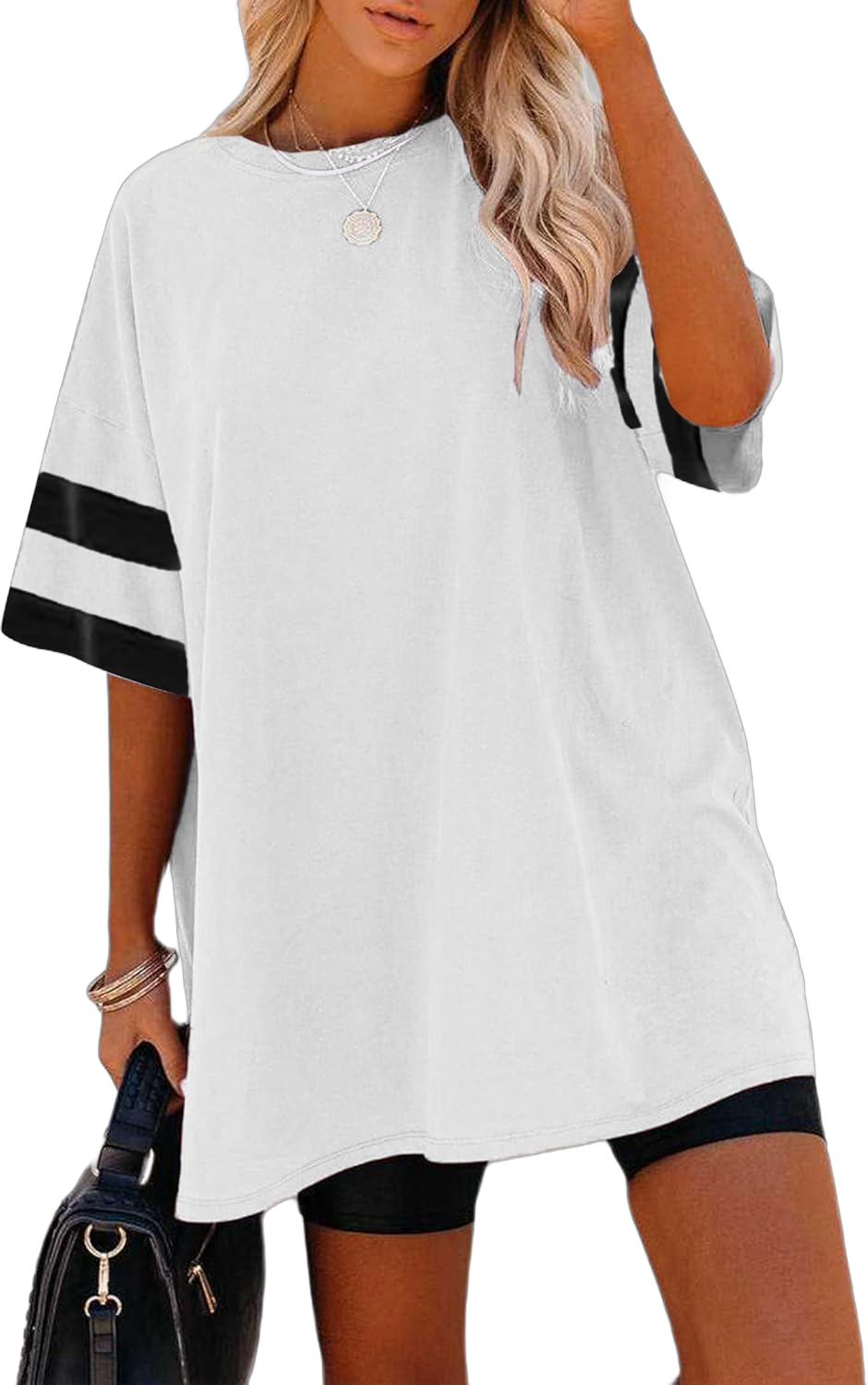 Remidoo Women's Oversized T Shirt Crewneck Solid Short Sleeve Baggy Cotton Tees X-Large Colorblock White